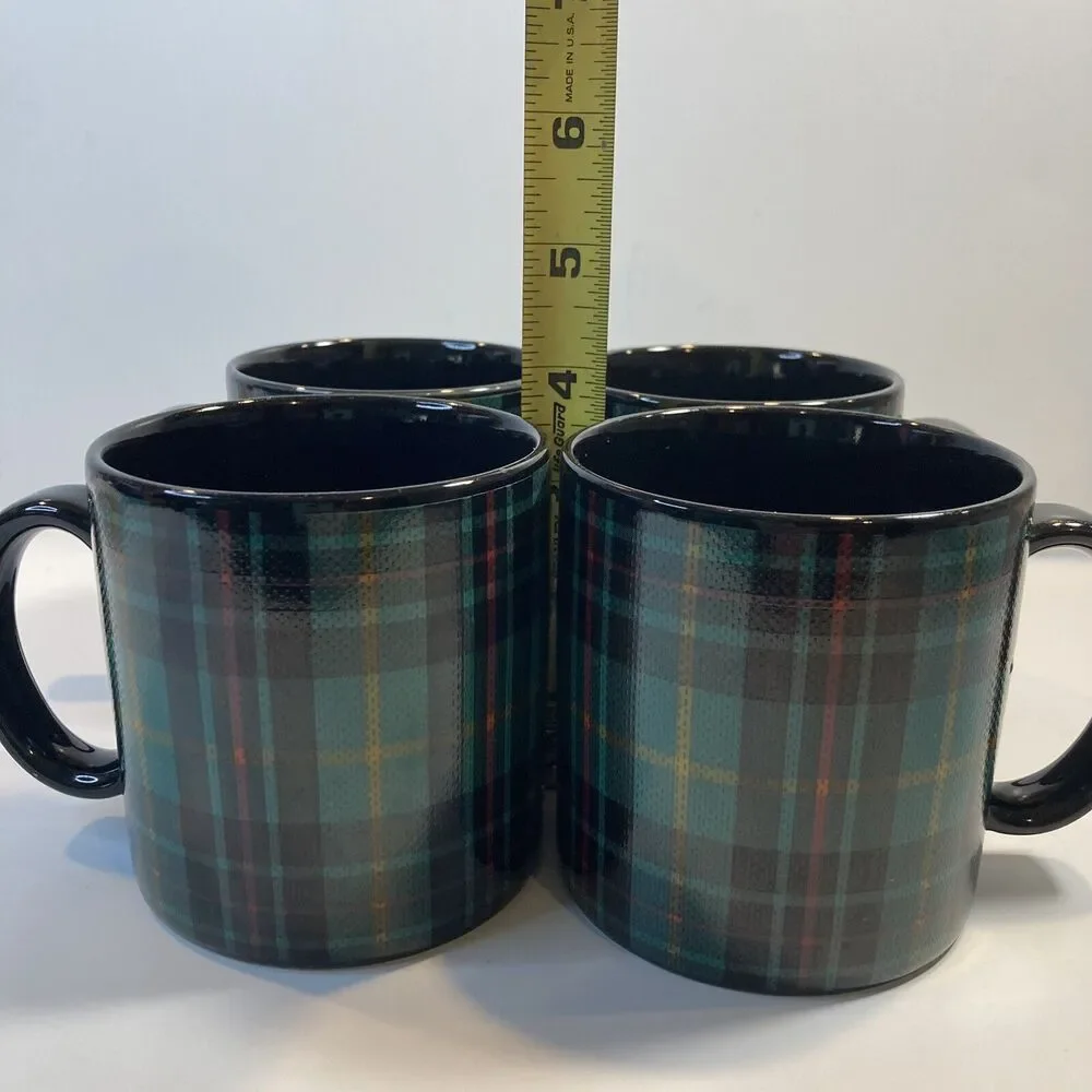 4 Pier 1 Mugs Tartan Plaid Green Black EUC Coffee Tea Mug Stoneware Japan 12oz